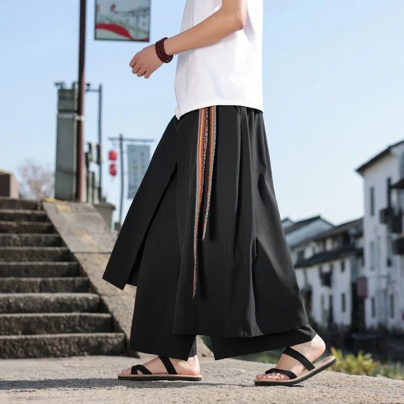 

Male M-5XL Spring Summer Ribbon Dark Samurai Skirt Pants Men Streetwear Fashion Youth Gothic Outdoor Hakama Japanese Trousers