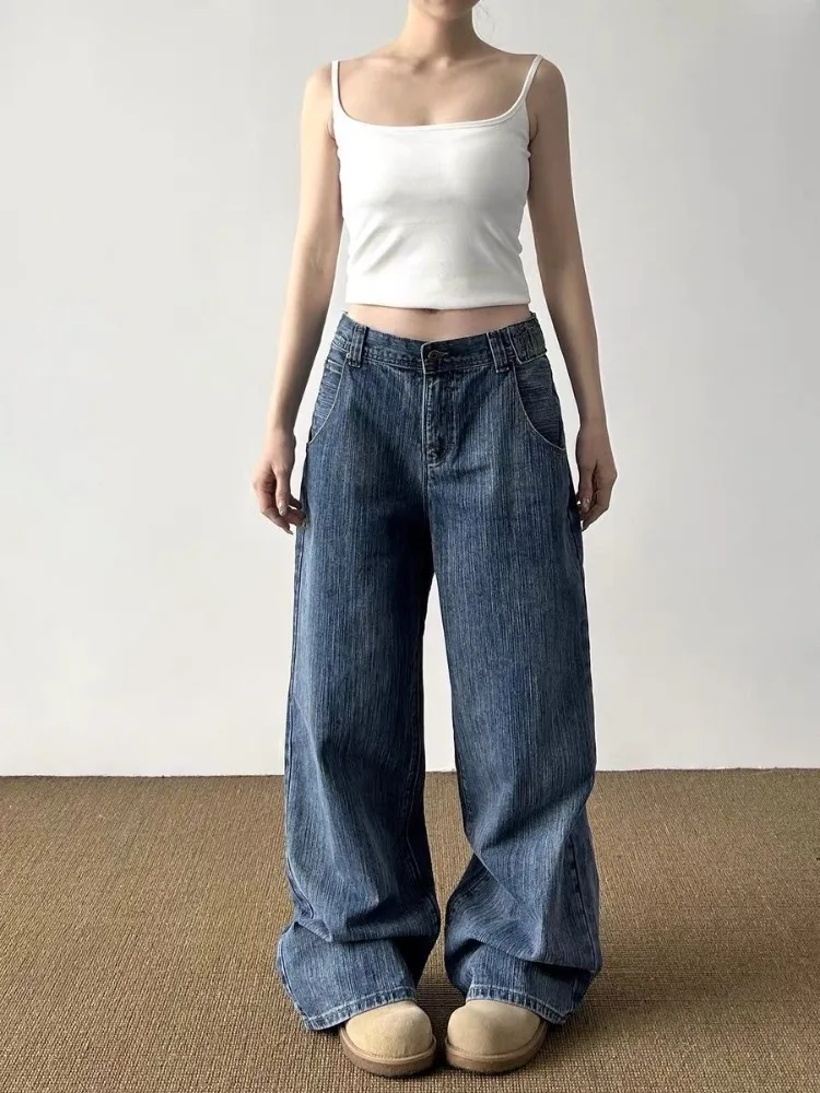 American Vintage Paris Buckle Design Slub Cotton Denim Jeans Street Style Unique Straight Leg Loose All Match Long Pants 2026