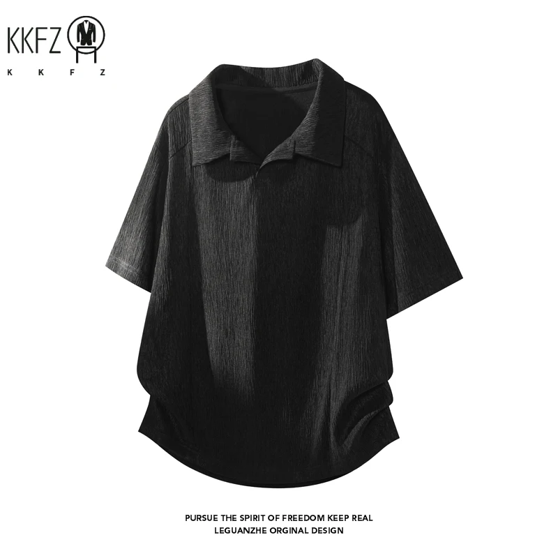 Mens Crinkle Woven Lapel V Neck Short Sleeve Top Oversized Silhouette Curved Hem For Daily Street And Travel Matching