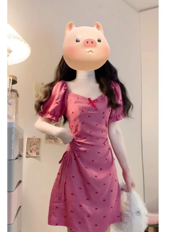 

plus Size Women's Sweet Pink Summer Dr Square Collar Bubble Sve A-Line ort Skirt High Waist Commuter Sle Korean Ver...