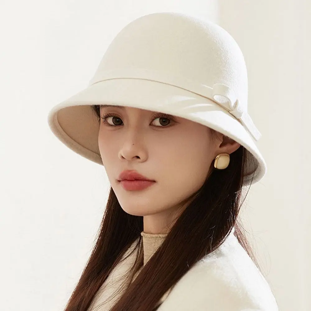 Soft Autumn Winter Women Felt Fedoras Hat Vintage Bowknot Ladies Hat Dome Felt Wedding Church Jazz Cap Female Bow Bowler