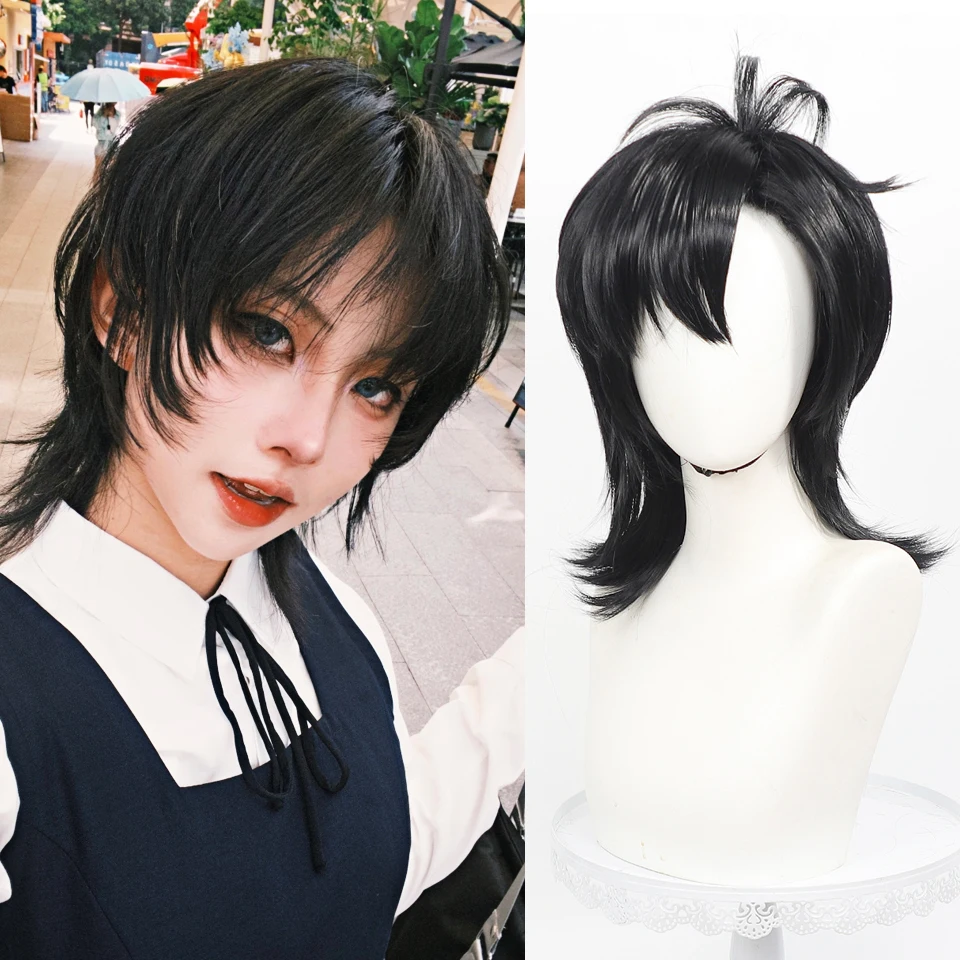 Anime Cosplay Wig Black 38 cm Short Cosplay Wolf Tail Synthetic Side Bangs Party Wig Black  Anime Costume Wigs for Women Men's