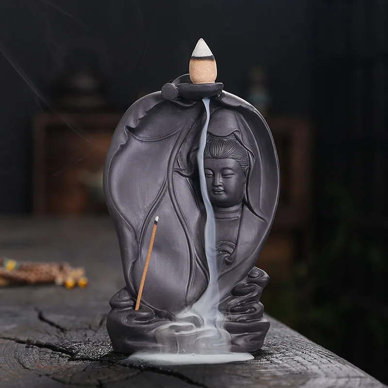 

Purple Clay Backflow Incense Burner Creative Bodhi Leaf Tathagata Guanyin Buddha Statue Backflow Incense Aromatherapy Burner Hom