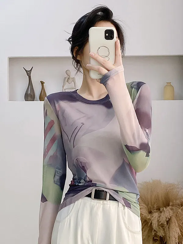 Slimming Effect round Neck Long Sleeve Mesh Print Base Shirt Autumn New Style Women's Casual Fashion Body Shape Enhancing Top