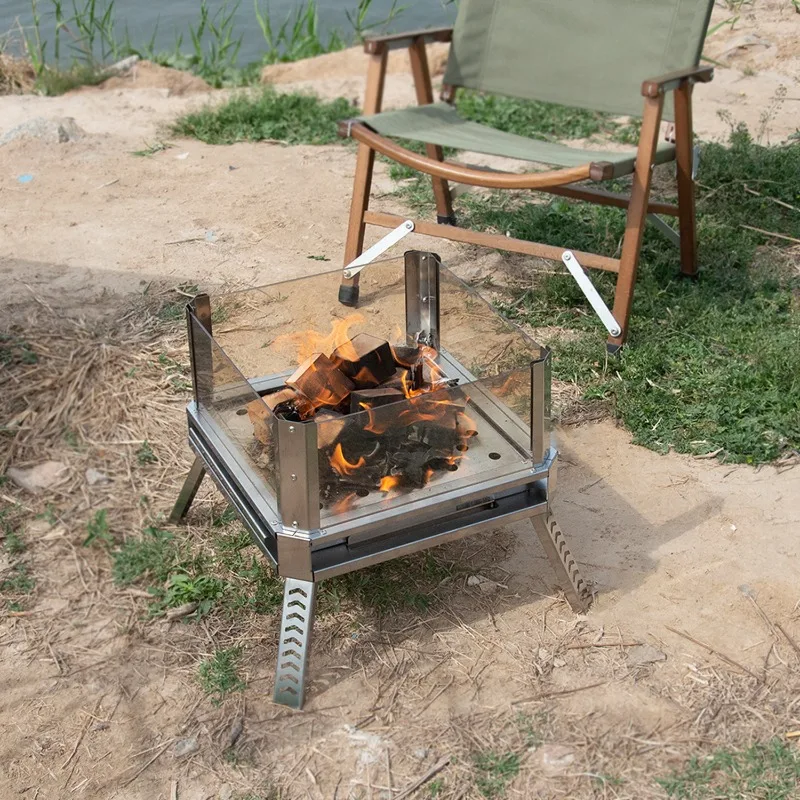 Outdoor Camping Burn Stove Folded Charcoal Barbecue Grill Wood-burning Stove Portable Stainless Steel Bonfire Stand Camping Tool