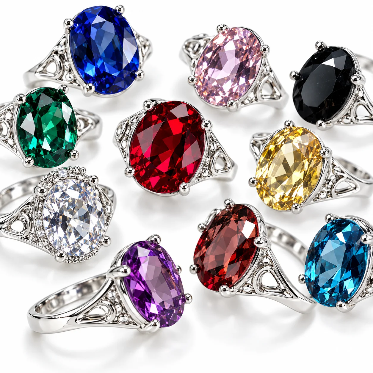 50pcs/lot Mixed Color Glass Stone Ring Set Vintage Silver Plated Adjustable Finger Rings for Women Bulk Jewelry