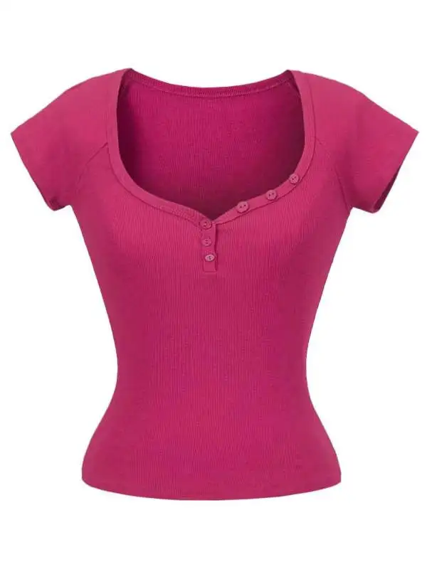 

Street Sle ort Sve Heart Collar T-irt Waist Cinched Elastic Bodycon Length Pure Desire Top Summer Faion