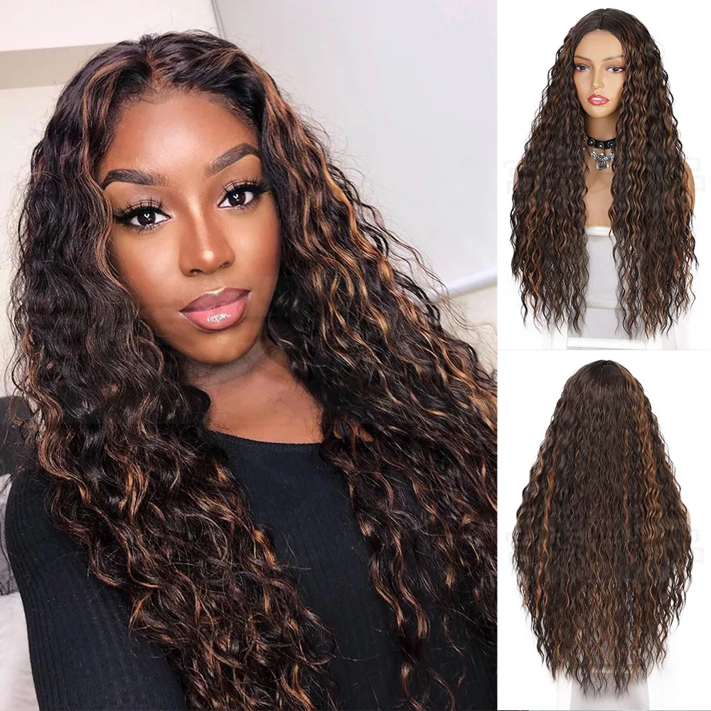 Long Synthetic Curly Wig 26 Inch Deep Wave Wigs for Women 4X1 Lace Front Wig Brown Blonde Heat Resistant Syntheic Wig