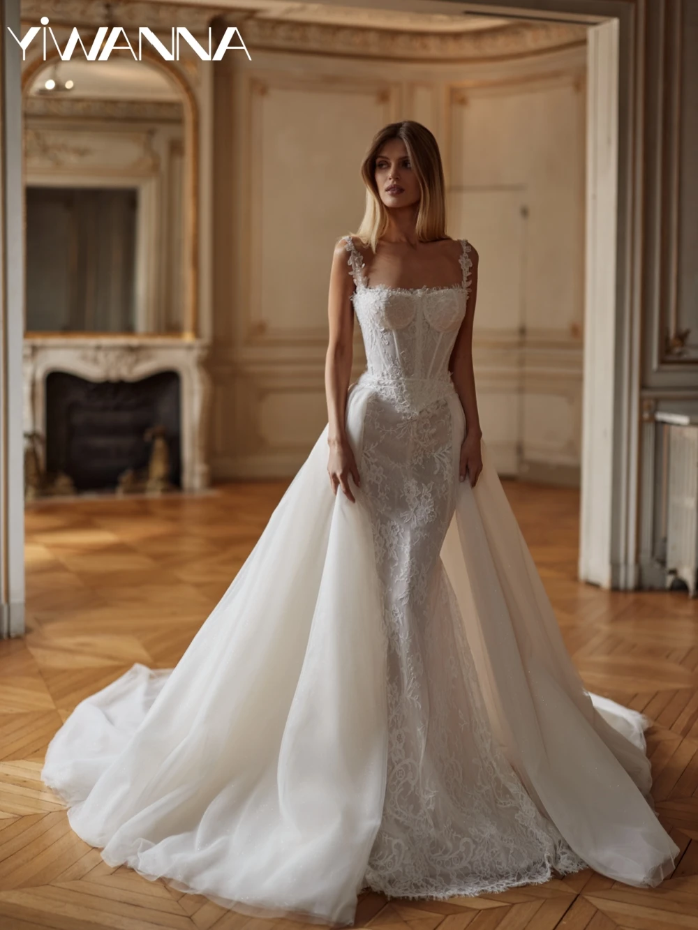 

Glitter Lace Mermaid Wedding Dress With Detachable Train Classic Square Neck Bridal Gown Customized Illusion Dresses For Bride