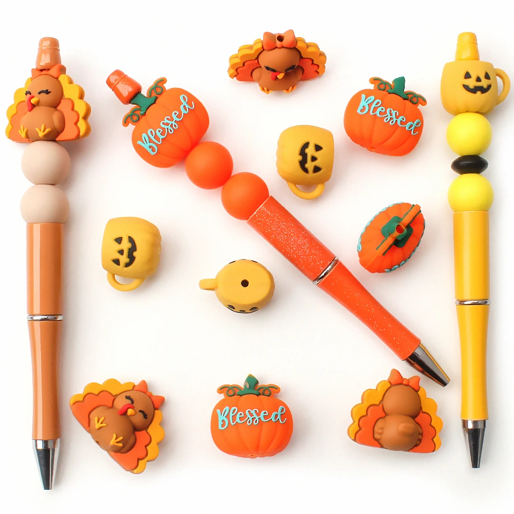 5/10/20/50pcs 3D Thanksgiving Theme Silicone Beads,3D Turkey, Pumpkins Shaped Focus Beads Suitable for Jewelry Decorative Beads
