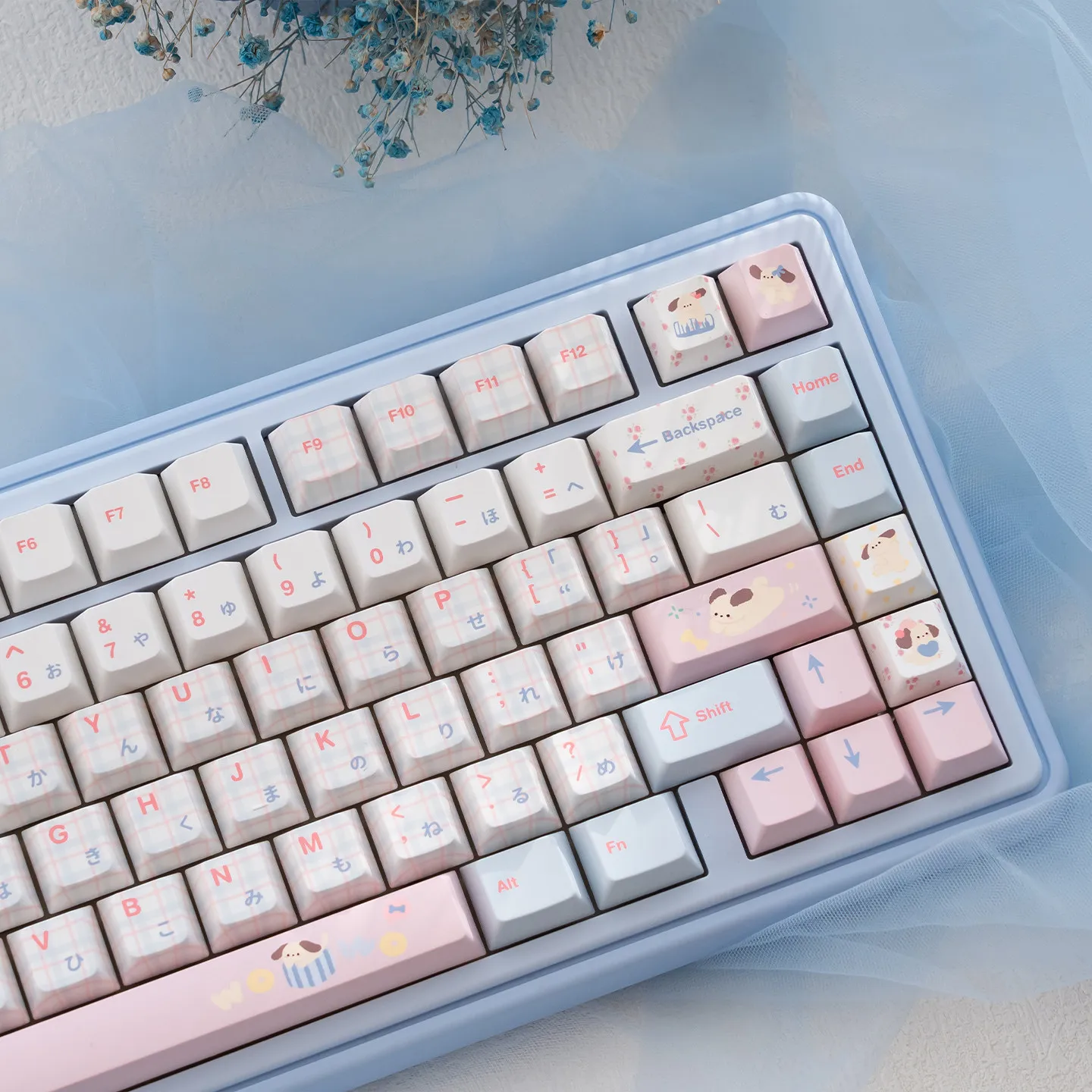 URE Happy Puppy Japanese Keycaps 129 keys Dye Sub Cherry Profile PBT Keycap sets Cute Pink Blue for MX Mechanical Keyboard
