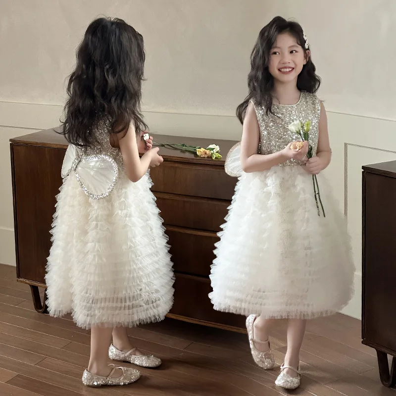 Girls Skirts 2025 Summer New Childrens Wear Korean Style Girl Baby Fashionable Wings Sequin Princess Dress Casual Simple Daily