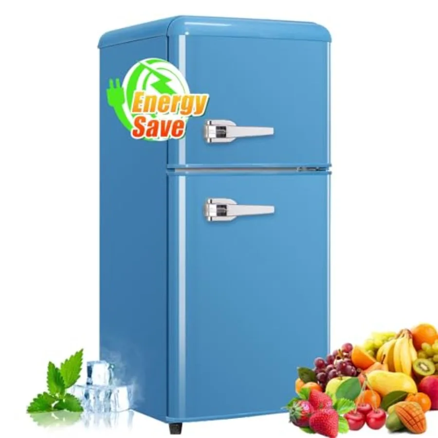 

Compact 3.2 Cu.Ft Mini Fridge with Retro Design and Adjustable Removable Double Doors for Bedroom Office Dormitory or Cabin Use