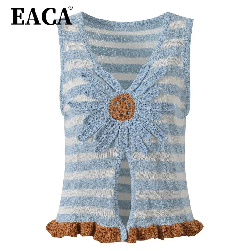 

EACA 2025 Summer New Design Quality Women's Elegant Blue Flower Embroidered Fresh Knitted Versatile Short Blouse