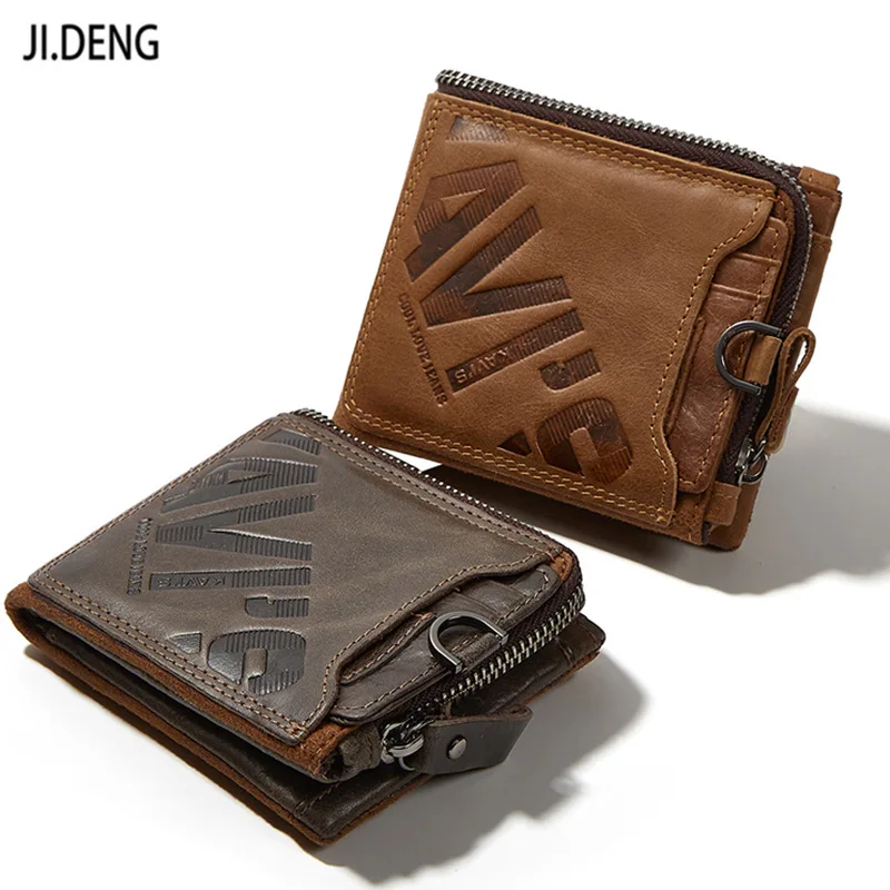 Genuine leather retro men's short zipper wallet, horizontal square large cash position, small change storage, hand-held wallet