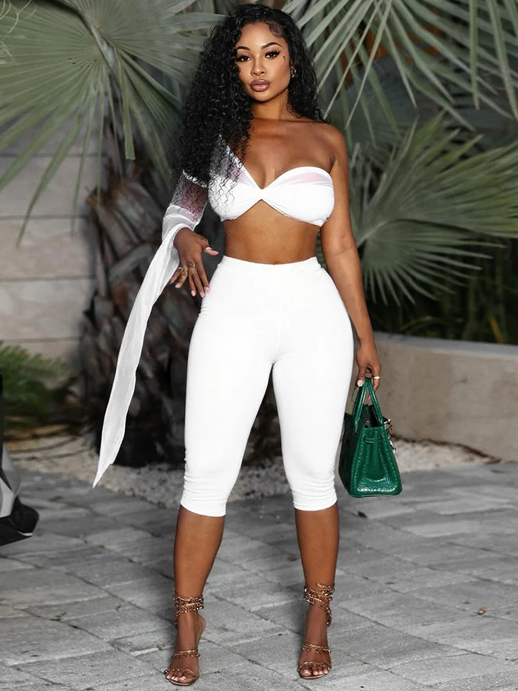 

Sexy Fashion 2 Piece Set Women Mesh Patchwork Single Sleeve Strapless Top+Skinny Shorts Hottie Street Hipster Outfits