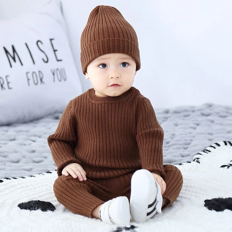 3pcs Sweater Sets Baby Boy Clothes Sets Kids Boys Girls Autumn Winter Knit Clothing Suit Newborn Toddler Outfits Tops Hat Pants