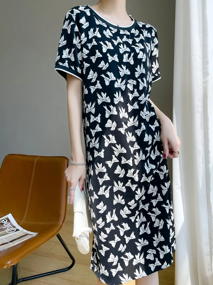 Été imprimé fleuri Midi Dr femmes taille ample acétate Satin ort Sve jupe tube droite coréen Sle rond Ne T-S...