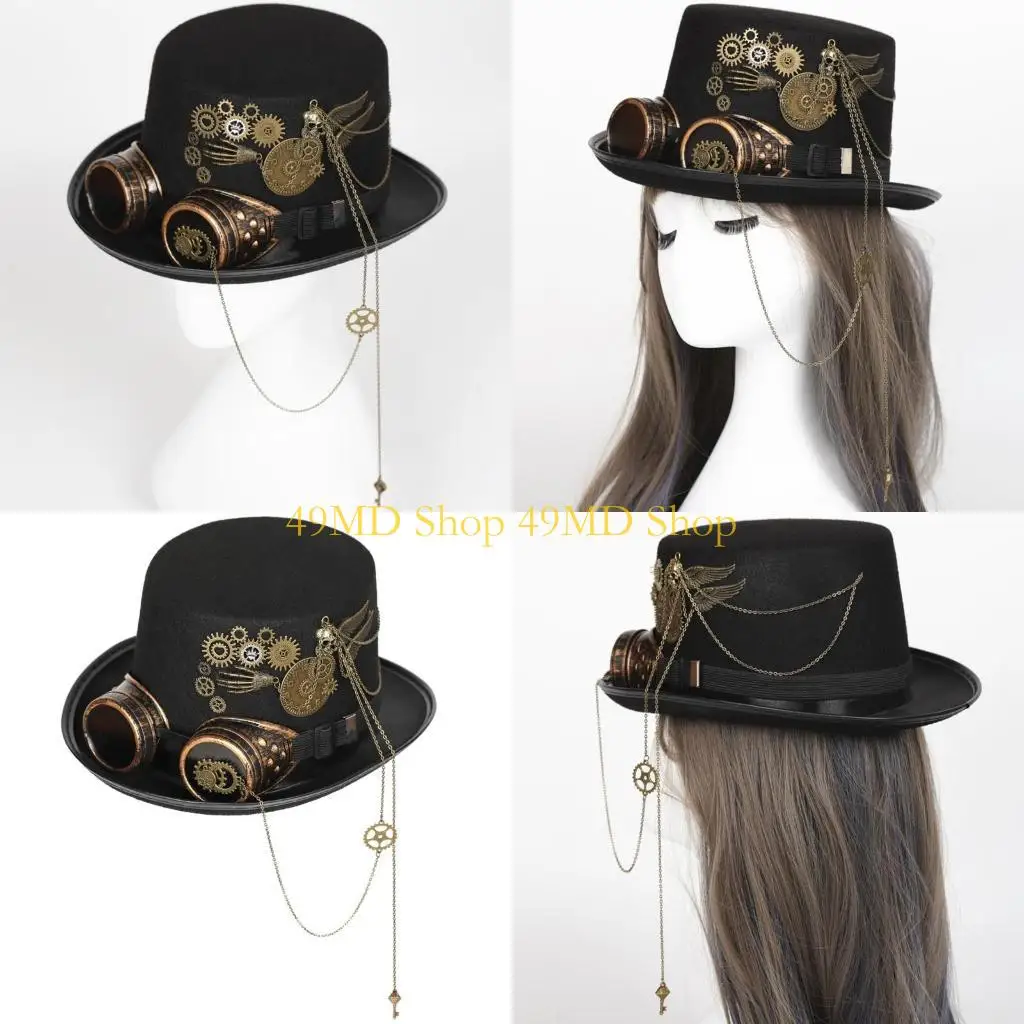 

49MD Steampunk Top Hat With Goggles For Men Gay Top Hat Bowler Top Hat