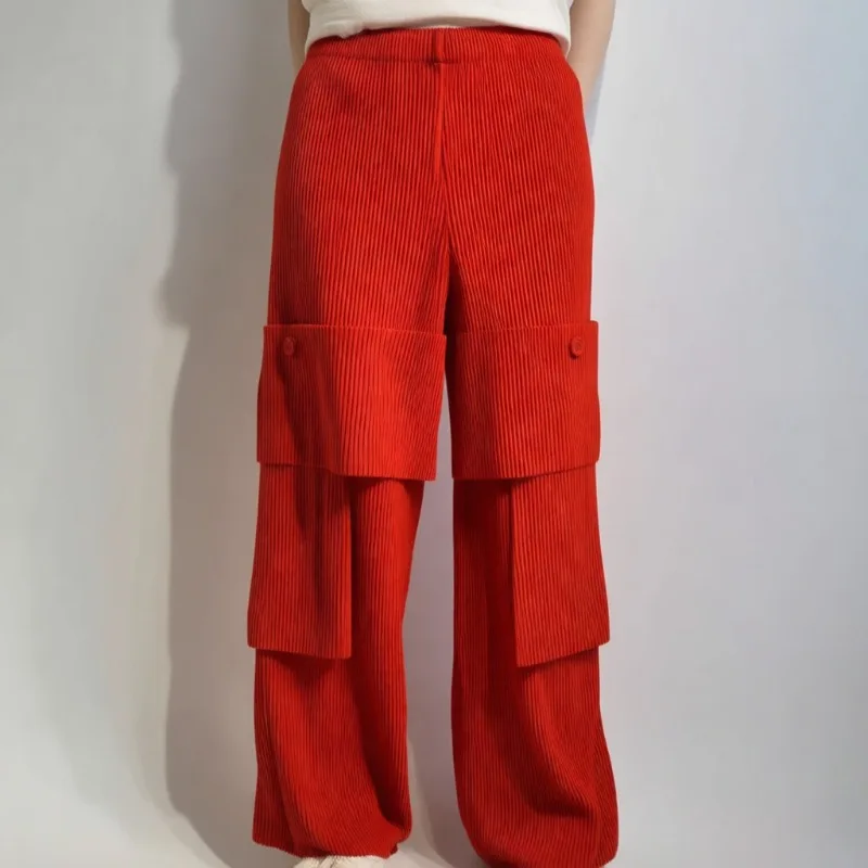 

2025 Autumn Miyake Pleated Work Pants Plisse New Solid Color Casual Slim Show Pleats Trousers Hundred Women's Straight Pants