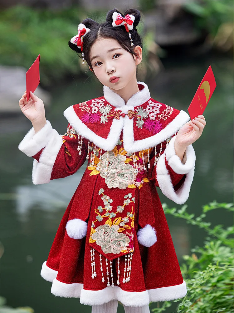 Winter New Chinese Style Embroider Flower Dress Baby Girl's Party Princess Flower Girl Dress Kids Children New Year Clothes
