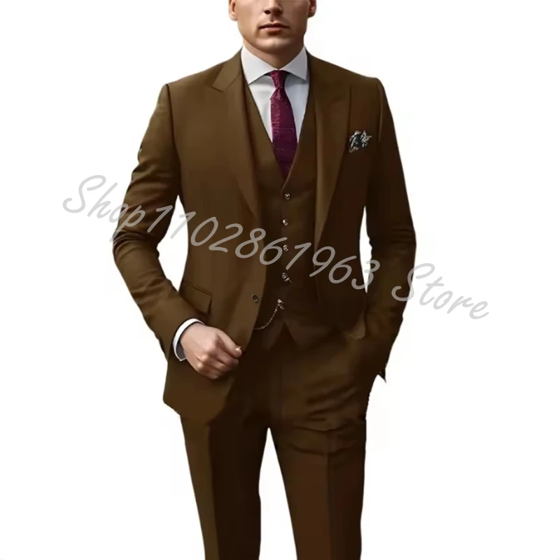 Burgundy Groom Wedding Tuxedos Groomsmen 3 Piece Slim Fit Peaked Lapel Suits Blazer Vest Pants Formal Costume Homme Mariage