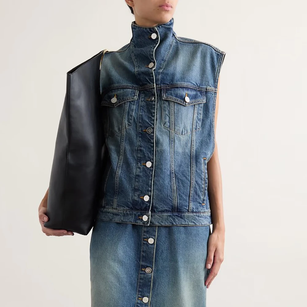 

Cotton Women's Denim Vest Y2k Standing Collar Single Breasted Vintage Commuter Peplum Sleeveless Jacket Top New Spring 2025