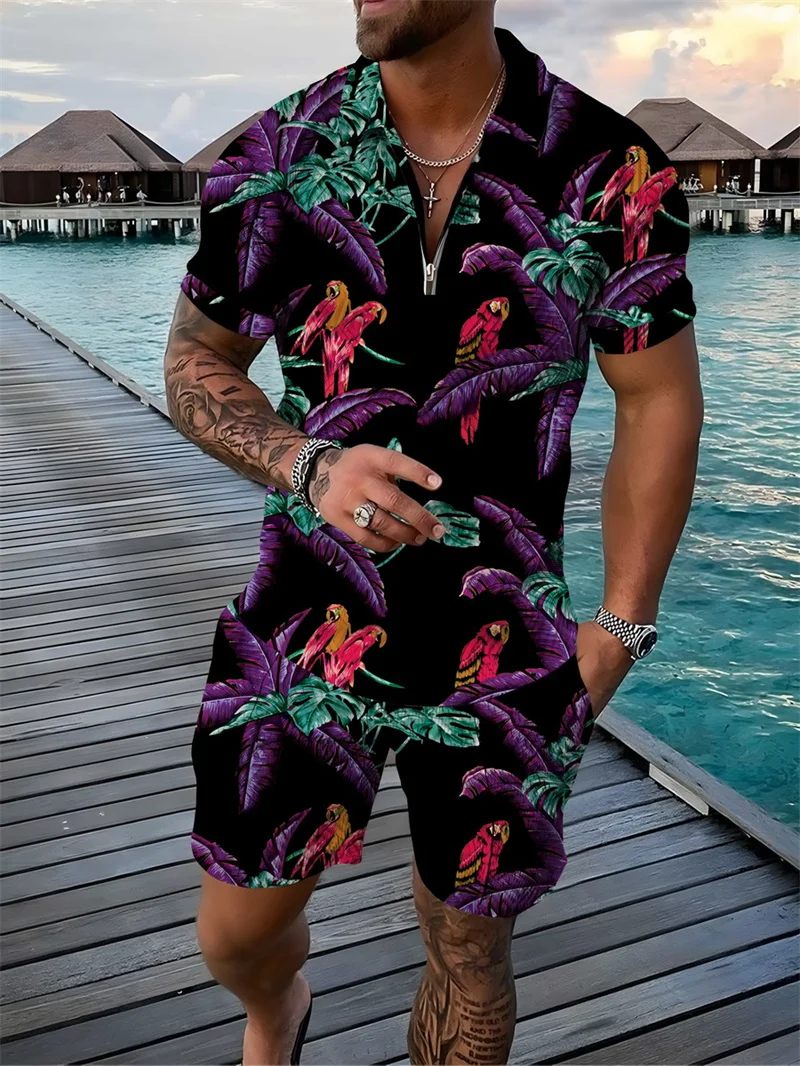 Flower Parrot 3D Print Polo Shirts Shorts Sets Men\'s Casual Fashion Floral Oversized Short Sleeve Shirt Pants Set Suits Clothing