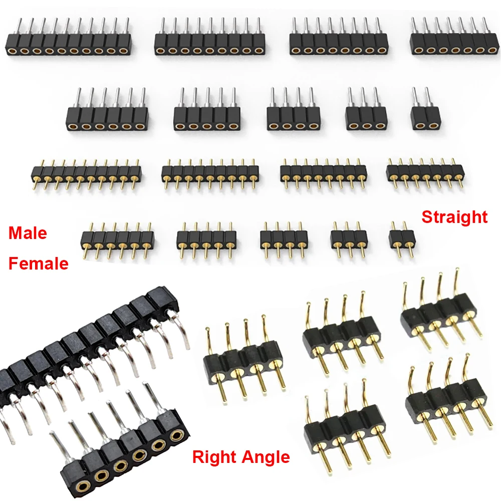 100pcs 1X2/3/4/5/10/15/20/40P RGB RGBW LED Strip PCB Connector Round Hole Right Angle DIP Gold IC Crystal Female Male Pin Header