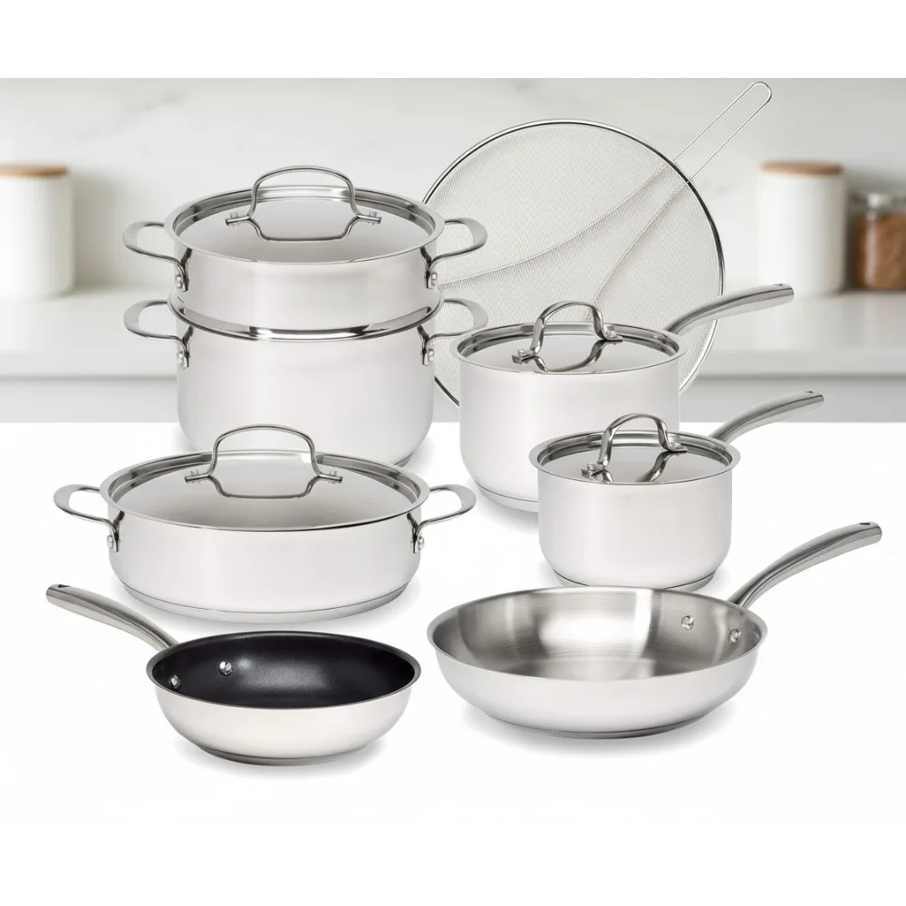 

Набор посуды из нержавеющей стали, 12 предметов, трехслойное основание, сковорода с антипригарным покрытием, можно мыть в посудомоечной машине — идеально подходит для домашних повара
