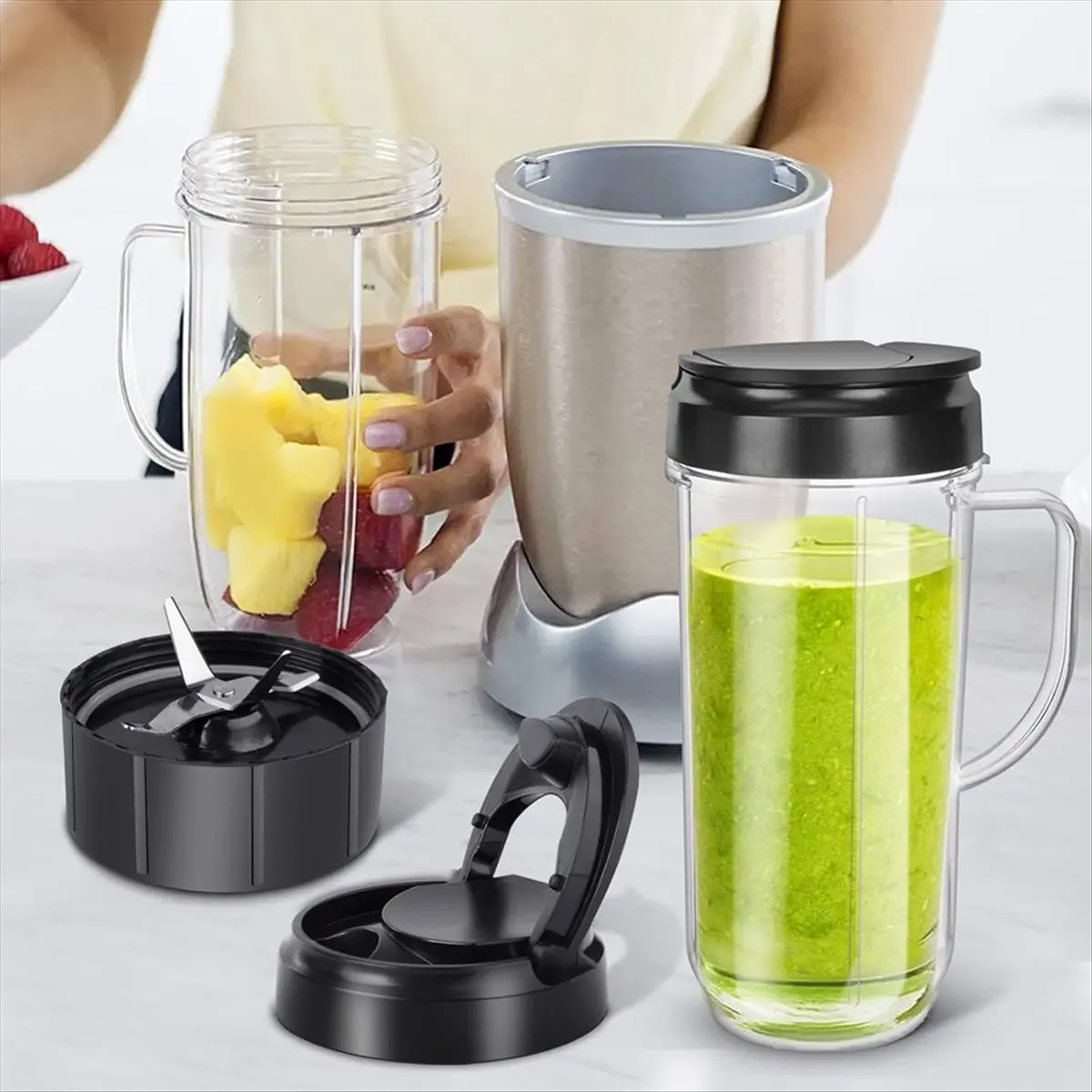 2026 Trend Blender Cups and Blade Replacement Parts 6pcs, 22oz Cup with Flip Top to-Go Lids & Blade for Blender Juicer 6