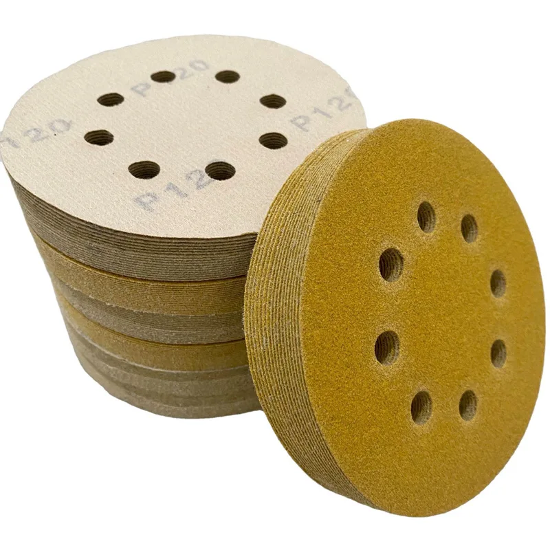 Weiyi 5 Inch 8-hole Yellow Flocked Sandpaper Disc Self Adhesive Sanding Pads For Car Paint Putty Repair Polishing Abrasive Discs