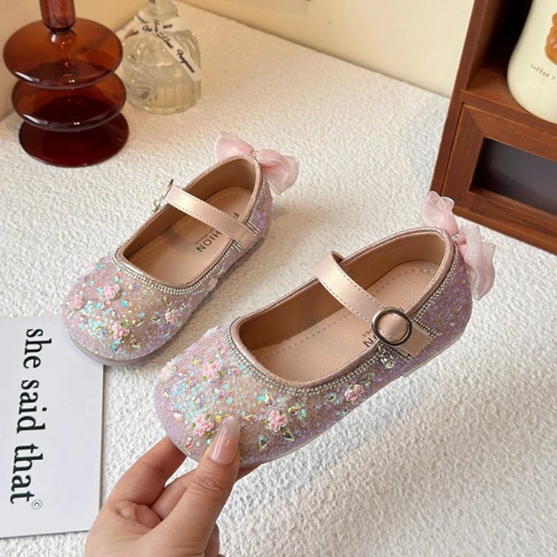 Fashion Girls' Sequined Princess Shoes 2026 Spring New Kids Leather Shoes Simple Versatile Girls' Flats Casual Shoe  Для Девочек