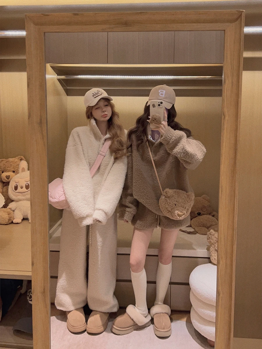 

Женский комплект: худи свободного кроя с воротником-стойкой и мягкая теплая футболка из овечьей шерсти, в корейском стиле, повседневный наряд