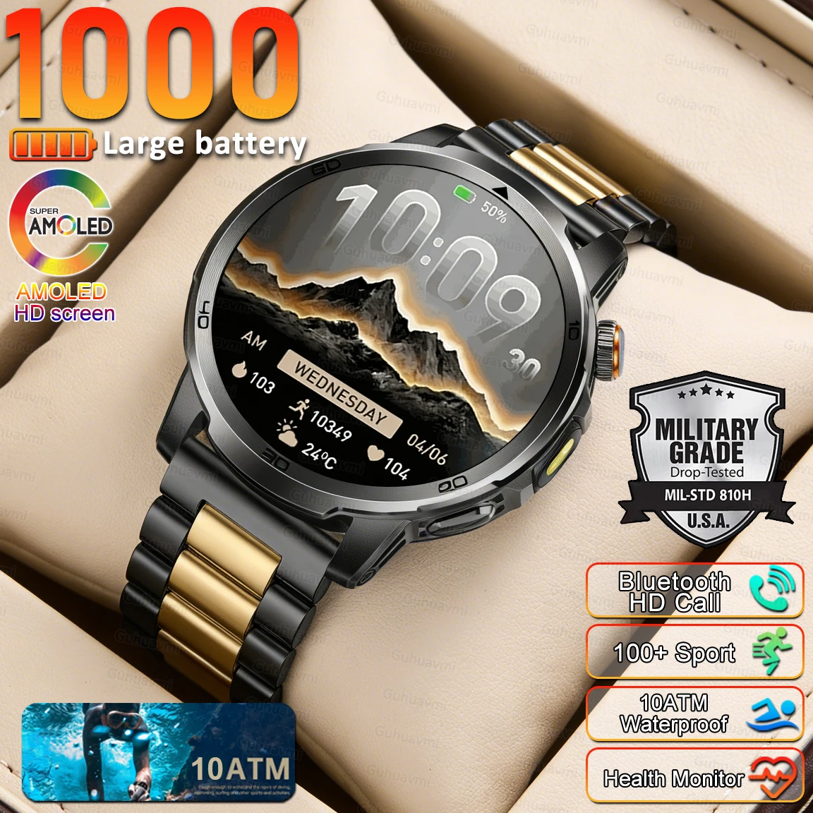 

Новые военные смарт-часы 2026 года с аккумулятором 1000 мАч, большим HD-экраном 1,85 дюйма, водонепроницаемые, со светодиодным фонариком, спортивные смарт-часы для мужчин и женщин