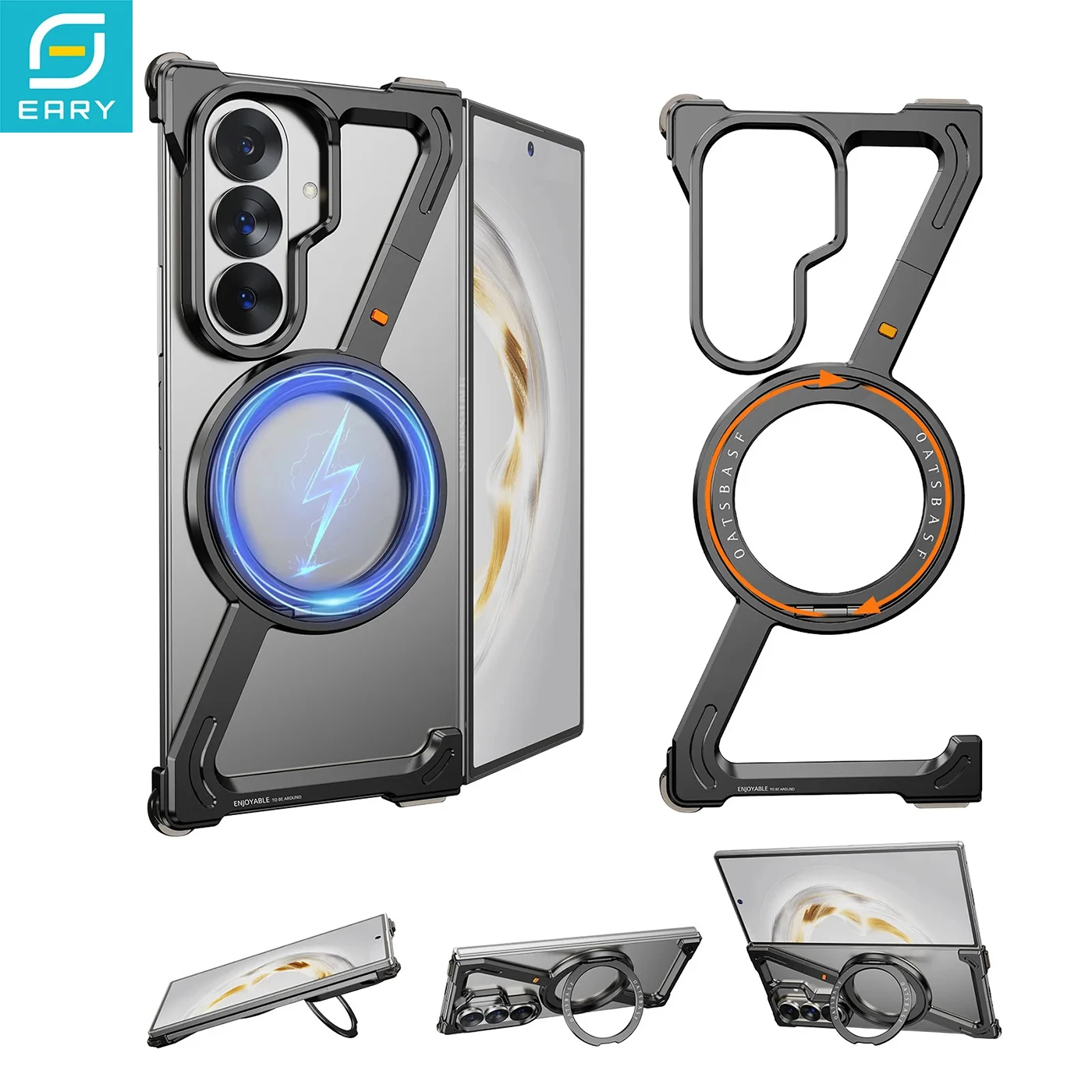 Eary Aluminum Frame Metal Case for Samsung Galaxy Z Fold 8 Ultra Bumper with 360Rotate Magnetic Stand Slim Anti-Drop Phone Cover