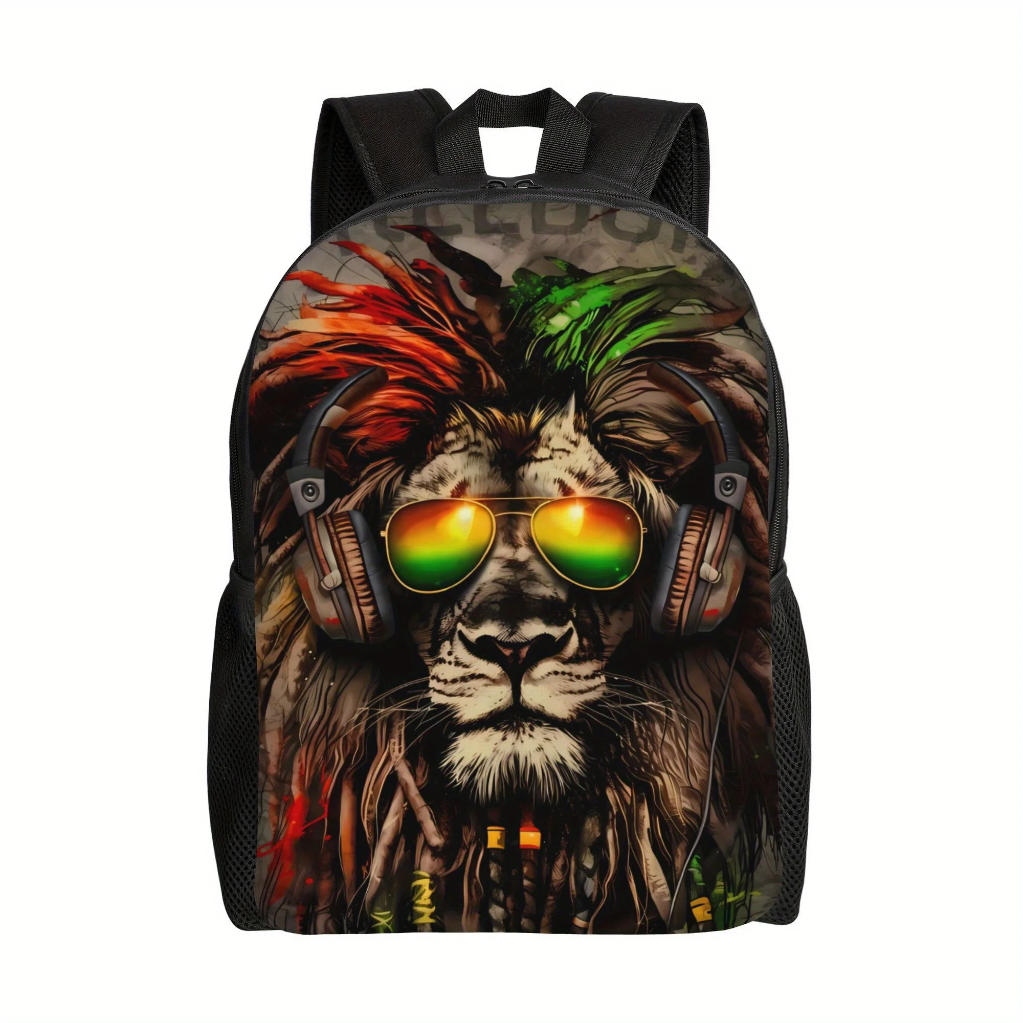 

Men's Reggae Lion Backpack - Stylish black student bag with vivid lion and headphone print, adjustable shoulder straps
