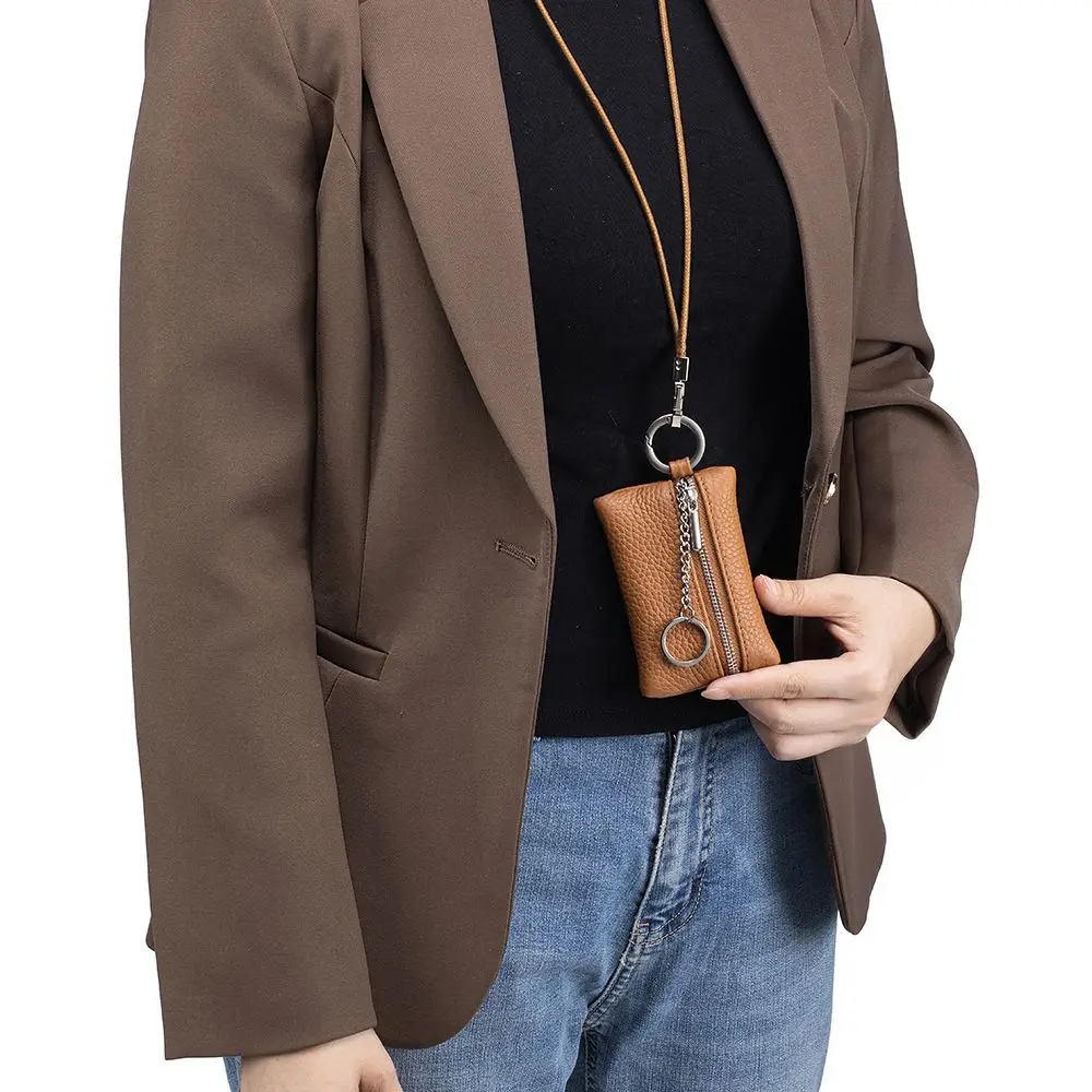 Ins PU Leather Hanging Neck Coin Purse Solid Color Japanese Style Mini Storage Bag Card Holder ins Lanyard Wallet Outdoor