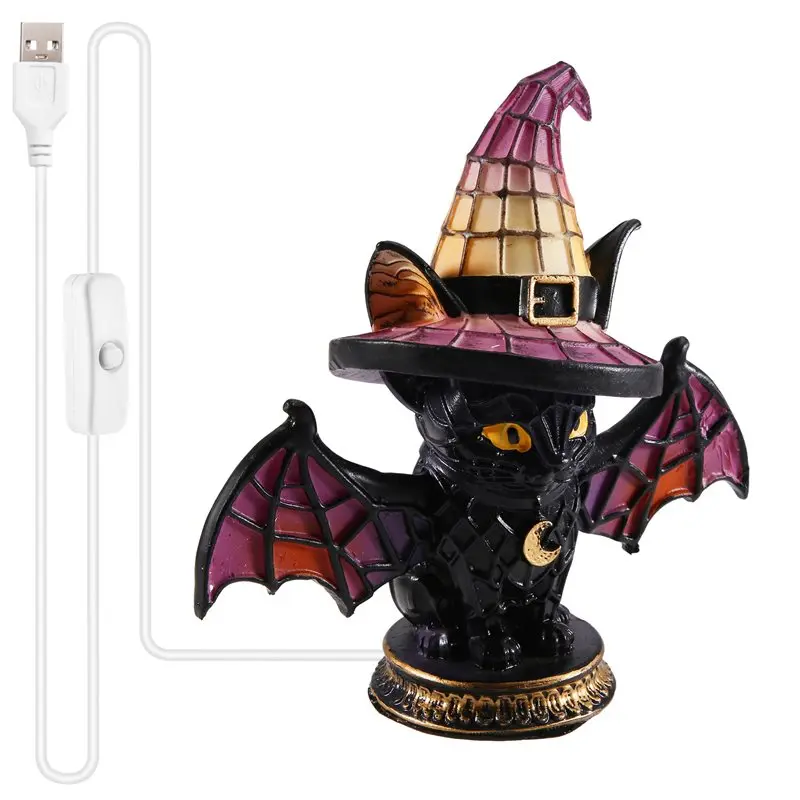A08R-Colorful Cat Table Lamp Handcrafted Retro Resin Witches Lamp