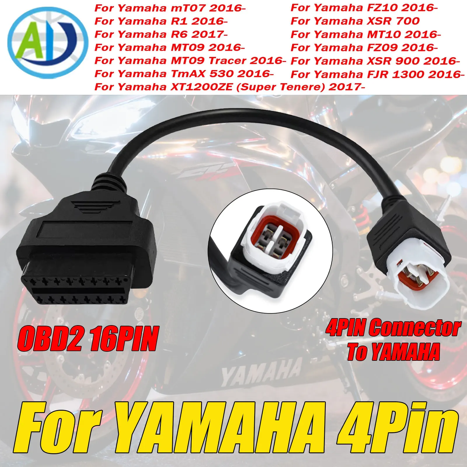 

OBD2 Adapter Cable For Yamaha 4 Pin For R1, R6, MT07, MT10, FZ09, FZ10, XSR700, XSR900,TMAX530, XT1200ZE OBD2 Diagnostic Cable