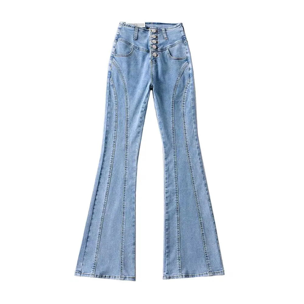 Sweet High Waist Bell Bottom Jeans Slim Fit Patchwork Button Denim Wide Leg Pants for Stylish Women Trendy All Seasons