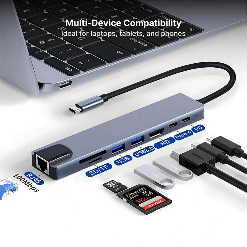 

8 in1 USB C HUB 3.0 Type C Splitter 4K Docking Station Laptop Adapter PD SD TF For Macbook Air M1 iPad Pro RJ45 HDMI-Compatible
