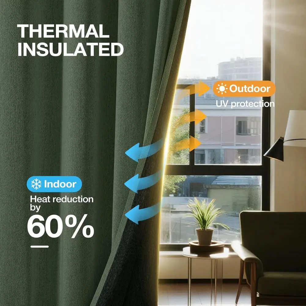 Linen-Textured 96 Blackout Curtains, 2 Panels, Room Darkening & Insulated, Farmhouse Style, Olive view 3