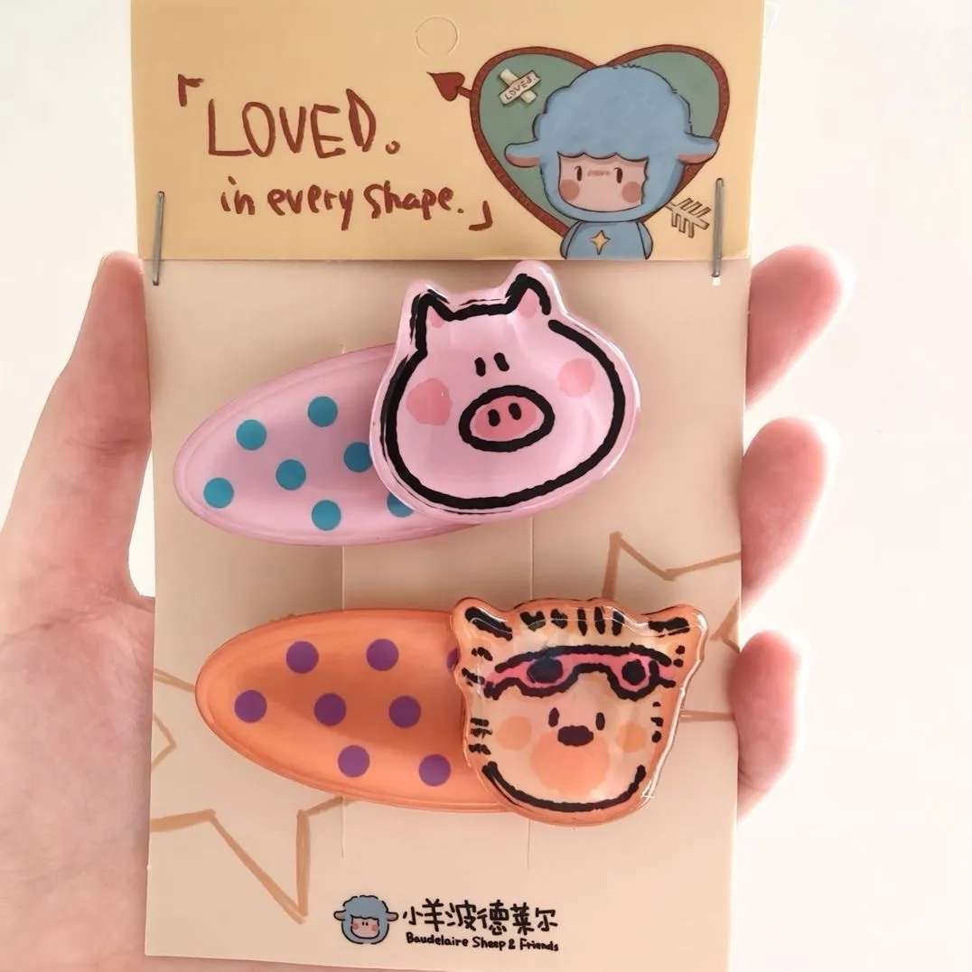 2Pcs Cute Creative Animal Acrylic Hair Clips Cartoon Tiger Pig Pattern Women Bangs Side Barrettes Sweet Girls Hair Accessories