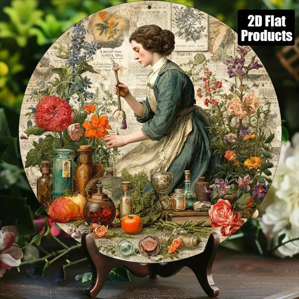 2026 Letrero Redondo de Madera, Placa de Madera, Estilo Vintage Plano 2D, Botánico Victoriano, con Diseño de Flor, Hierba y Poción, Retro Rústico, Dark Academia
