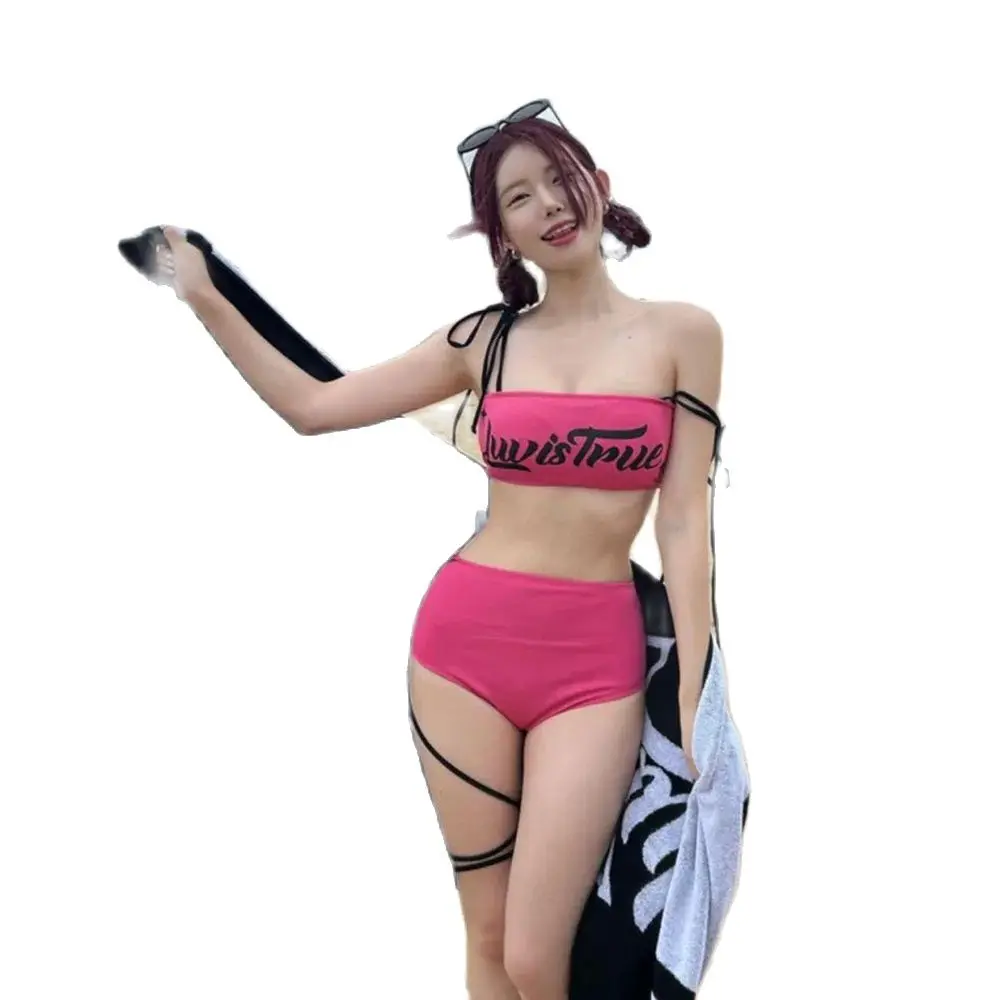 

Factory Outlet New Fashion Korean Version Of Spice Girl Split Bikini Sports Wind Swimsuit Letter Tether Strap Swimsuit Female.