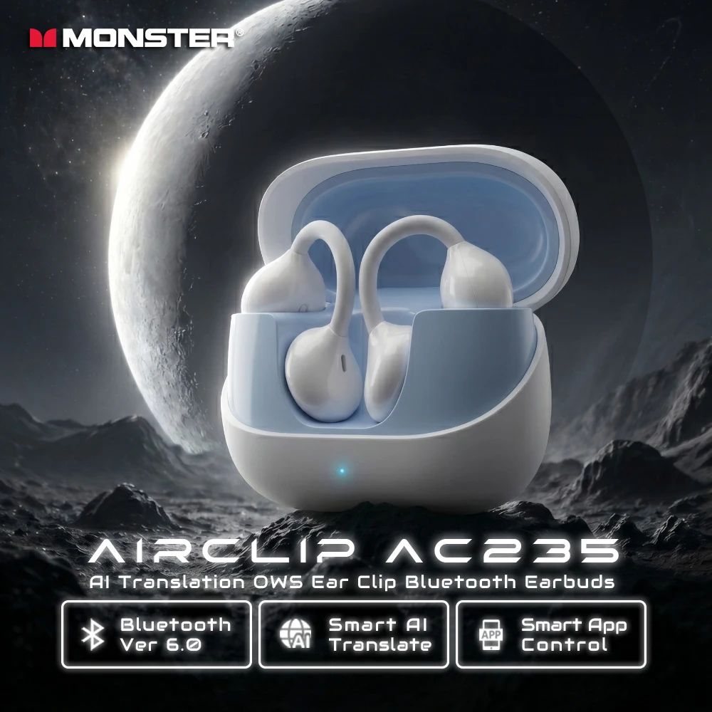 Monster AirClip AC235 AI Translator Ear Clip Earbuds HiFi Stereo Bluetooth 6.0 Headphone TWS Wireless Sport Earphone with APP