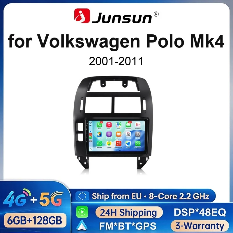 Autoradio Junsun 9" Android 15 per VW Volkswagen Polo Mk4 2001-2011, con Apple CarPlay wireless, schermo IPS, stereo multimediale, lettore video, sistemi intelligenti per auto, 2 Din, unità principale