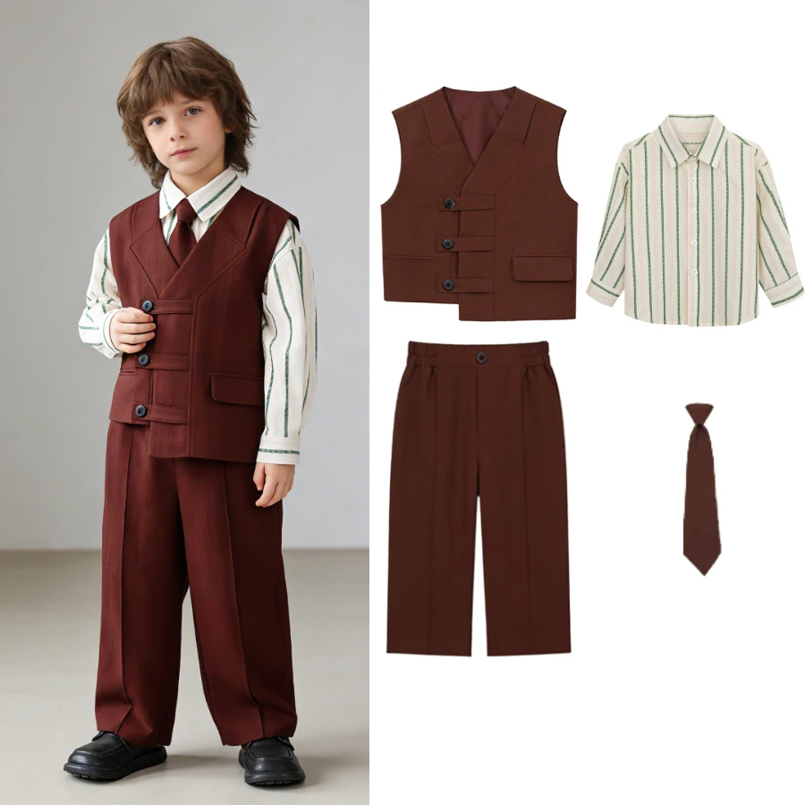 Formeller Anzug für Schuljungen, Set mit Hemd, Paillettenweste, Hose, Krawatte, Rot, Kinder-Gentleman-Outfit für Hochzeit, Geburtstagsfeier, Gastgeberauftritt