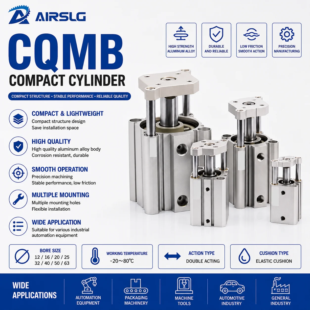 CQMB Series Compact Guide Rod Pneumatic Cylinder Double Acting Non-magnetic Thin Air Cylinder CQMB12 16 20 25 32 40 AFR Bran'd